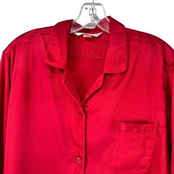 Victorias Secret Angles Pajama Top Satin Solid Red Long Sleeve Button Up Size L - Picture 2 of 13